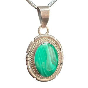 NAVAJO Jon McCray Oval Malachite Pendant Sterling Silver 2" Length